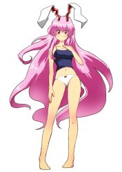  animal_ears bad_id bad_pixiv_id bare_shoulders barefoot blush bow bow_panties breasts camisole collarbone female long_hair medium_breasts navel non_(z-art) panties purple_hair rabbit_ears red_eyes reisen_udongein_inaba simple_background solo touhou underwear underwear_only very_long_hair white_background white_panties 