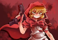  amagaeru_(hylathewet) blonde_hair bow bulleta capelet commentary_request evil_grin evil_smile female green_eyes grin gun highres hood red_capelet smile solo submachine_gun uzi vampire_(game) weapon 