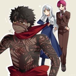  1boy 2girls ^^^ angra_mainyu_(fate) bad_id bad_pixiv_id bazett_fraga_mcremitz black_hair caren_hortensia dark_skin dress earrings fate/hollow_ataraxia fate_(series) formal gloves grey_hair jewelry long_hair mmm_ss multiple_girls necktie pant_suit pants purple_hair red_eyes short_hair single_glove suit turn_pale white_hair yellow_eyes 