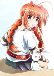  ahoge belt blue_eyes blush braid commentary_request diesel-turbo female food long_hair looking_at_viewer looking_back lyrical_nanoha mahou_shoujo_lyrical_nanoha mahou_shoujo_lyrical_nanoha_a&#039;s noroi_usagi popsicle red_hair sitting skirt solo stuffed_animal stuffed_rabbit stuffed_toy twin_braids vita_(nanoha) 