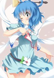  bad_id bad_pixiv_id blue_eyes blue_hair blush dress female flower hair_ornament hair_rings hair_stick kaku_seiga ofuda one_eye_closed shawl short_hair solo supershiruco touhou vest 