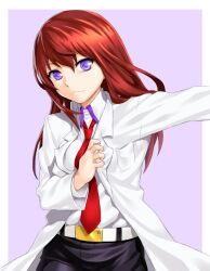  bad_id bad_pixiv_id belt brown_hair commentary_request dressing female lab_coat long_hair makise_kurisu necktie onsoku_inu paint.net_(medium) purple_eyes red_necktie solo steins;gate 