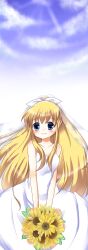  air_(visual_novel) blonde_hair blue_eyes bouquet chimaki_chigaya commentary_request dress female flower highres kamio_misuzu long_hair solo sunflower veil very_long_hair wedding_dress 