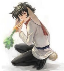  1boy animal_ears bad_id bad_pixiv_id black_hair brown_eyes carrot eating food gundam gundam_00 holding holding_food kemonomimi_mode male_focus rabbit_ears rabbit_tail red_scarf ris scarf setsuna_f._seiei solo tail 