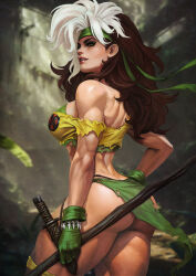  absurdres ass back bodysuit breasts brown_hair colored_bangs female gloves green_eyes headband highres long_hair marvel monori_rogue multicolored_hair rogue_(x-men) smile solo torn_clothes two-tone_hair weapon white_hair x-men 