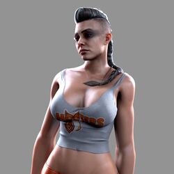  1girls 3d blonde_hair braided_hair breasts call_of_duty call_of_duty_black_ops_cold_war cleavage female female_only flickytuts fully_clothed hooters hooters_uniform makeup solo solo_female tank_top wraith_(cod) 