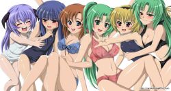  bikini blonde_hair blue_eyes blue_hair blush brown_eyes brown_hair closed_eyes furude_rika green_eyes green_hair hanyuu higurashi_no_naku_koro_ni houjou_satoko long_hair mizugi nannore oerba_yun_fang ponytail purple_hair ryuuguu_rena short_hair sonozaki_mion sonozaki_shion sukumizu white_school_swimsuit 