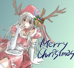  antlers bell blue_eyes christmas earrings elbow_gloves english_text female gloves grey_hair hat holly horns jewelry long_hair looking_at_viewer merry_christmas necklace opera-tan os-tan pinecone santa_costume simple_background sitting smile solo star_(symbol) temp_h thighhighs white_gloves white_thighhighs 