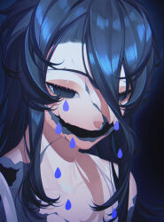  absurdres bare_shoulders black_background black_eyes black_hair blue_background blue_hair blue_theme closed_mouth collarbone commentary_request cracked_face cracked_skin dress empty_eyes erchongbaojun female hair_between_eyes highres long_hair messy_hair original petals portrait rose_petals simple_background solo upper_body white_dress 