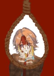  1boy blazer bleeding blood blood_from_forehead blood_on_face blood_on_hand blue_shirt commentary_request empty_eyes hands_on_own_face highres jacket layered_sleeves male_focus necktie noose orange_hair parted_lips pink_eyes plaid_clothes plaid_jacket red_background red_necktie school_uniform shirt sleeves_past_wrists strange_eden uzuki_hinata_(strange_eden) xinjinjumin168752186505 