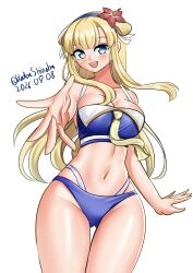  absurdres bikini blonde_hair blue_bikini breasts cleavage dated double_bun english_commentary female fletcher_(kancolle) fletcher_mk_ii_(kancolle) fletcher_mk_ii_(swimsuit)_(kancolle) flower folded_hair foreshortening green_eyes hair_bun hair_flower hair_ornament highres kantai_collection katou_shinobu large_breasts layered_bikini multi-strapped_bikini_bottom neckerchief one-hour_drawing_challenge open_mouth round_teeth sailor_bikini sailor_collar simple_background smile solo swimsuit teeth twitter_username upper_teeth_only white_background white_sailor_collar yellow_neckerchief 