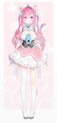 ahoge animal_ears badge bell belt black_corset blue_bow blue_hair blue_ribbon blush bow bow_legwear braid breasts button_badge cat_ears cat_girl cat_hair_ornament cat_tail cleavage closed_mouth colored_inner_hair commentary_request corset dress extra_ears eyelashes female garter_straps ghost_hair_ornament gloves hair_intakes hair_ornament hairbow hairclip heart heart_print highres indie_virtual_youtuber jingle_bell large_breasts long_hair looking_at_viewer maid maid_headdress multicolored_hair neck_bell neck_ribbon official_art paw_print paw_print_background pink_background pink_bow pink_dress pink_eyes pink_hair pink_tail revision ribbon shoes single_garter_strap single_thighhigh smile solo star_(symbol) star_hair_ornament suspenders tail tail_bell tail_ornament tail_ribbon thigh_belt thigh_strap thighhighs thighs two-tone_hair two_side_up virtual_youtuber white_belt white_dress white_garter_straps white_gloves white_shoes white_thighhighs yuuki_hagure yuuki_sakuna yuuki_sakuna_(3rd_costume) 