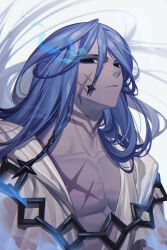  1boy abs absurdres azrael_(fate) black_eyes blue_hair closed_mouth collarbone commentary cross_scar empty_eyes erchongbaojun expressionless fate/grand_order fate_(series) flaming_eye grey_background hair_between_eyes highres long_hair looking_at_viewer male_focus open_clothes pectoral_cleavage pectorals robe scar scar_on_cheek scar_on_chest scar_on_face scar_on_neck simple_background solo upper_body white_background white_robe 