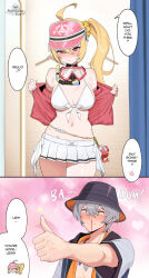  1boy ahoge aroused_nosebleed bare_shoulders bikini blonde_hair blood blush breasts bucket_hat commentary english_text female green_eyes grey_hair hat highres long_hair looking_at_viewer luciana_de_montefio luciana_de_montefio_(princess_on_holiday) navel nosebleed off_shoulder orange_eyes pantheon_eve side_ponytail smile speech_bubble swimsuit white_bikini wise_(peaceful_waves)_(zenless_zone_zero) wise_(zenless_zone_zero) zenless_zone_zero 