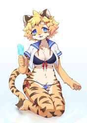  2023 5_fingers anthro asian_clothing bikini bikini_top blonde_hair blue_eyes bottomwear breasts brown_body brown_fur claws cleavage clothed clothing digital_media_(artwork) east_asian_clothing felid female female_anthro finger_claws fingers food full-length_portrait fuo_(hanadaiteol) fur hair hanadaiteol hi_res holding_food holding_object holding_popsicle japanese_clothing japanese_school_uniform kemono kneeling looking_at_viewer mammal multicolored_body multicolored_fur multicolored_tail navel open_mouth pantherine pawpads popsicle portrait school_uniform short_hair solo swimwear swimwear_under_clothing tail tiger tongue topwear uniform white_body white_fur yellow_body yellow_fur 