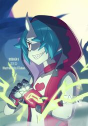  1boy artist_name blue_hair blue_skin character_name clenched_hand colored_skin copyright_name ctiahao demon_boy disgaea hood hood_up horns looking_to_the_side makai_senki_disgaea_6 male_focus open_hand single_horn smile solo zed_(disgaea) 