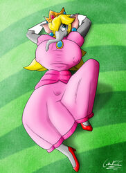  armor big_breasts blonde_hair blue_eyes breasts clothed clothing crown dress ear_piercing elephant elephant_peach elephantid female gauntlets gloves grass grey_body hair handwear headgear hi_res mammal mario_bros nintendo overlord_gabriel piercing pink_clothing pink_dress plant princess_peach proboscidean solo super_mario_bros_wonder 