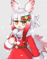  :o aticotta blush christmas commentary_request dress female hair_ornament head_wings highres japanese_crested_ibis_(kemono_friends) kemono_friends kemono_friends_3 long_sleeves multicolored_hair open_mouth red_dress ribbon santa_costume short_hair smile snow snowing solo white_hair wings yellow_eyes 