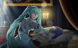  1boy 2girls aqua_dress aqua_eyes aqua_hair artist_logo bare_shoulders bed bedroom blonde_hair bottle candle candlelight candlestand canopy_bed carrying cheating_(relationship) closed_eyes collarbone curtains dim_lighting dress dress_flower embers evillious_nendaiki fire frilled_pillow frills glowing glowing_eyes half-closed_eyes hand_on_another&#039;s_head hand_on_forehead hatsune_miku highres husband_and_wife implied_death indoors kaito_(vocaloid) kaspar_blankenheim lens_flare light light_particles light_rays long_hair looking_at_another margarita_blankenheim mario_gagabriel multiple_girls nemurase_hime_kara_no_okurimono_(vocaloid) on_bed painting_(object) pale_skin pillow project_sekai shelf shoulder_carry sleeping twintails very_long_hair vocaloid when_you_see_it wine_bottle 