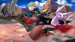  1boy bad_id bad_pixiv_id blonde_hair closed_eyes cloud commentary day driving dust_cloud engine espeon eyewear_on_head forehead_jewel forked_tail long_sleeves looking_to_the_side mesa motion_blur on_motorcycle open_mouth pokemon pokemon_(creature) pokemon_colosseum purple_eyes sidecar sky smile snag_machine tail tobi- umbreon wes_(pokemon) wind yellow_eyes 