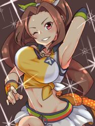  aino_nagisa arm_up armpits bouncing_breasts breasts brown_background brown_hair check_commentary commentary commentary_request crop_top dancing elbow_gloves eyelashes female gloves grin idolmaster idolmaster_cinderella_girls idolmaster_cinderella_girls_starlight_stage kurushima_gire leg_up looking_at_viewer medium_breasts navel one_eye_closed parted_bangs pink_eyes ponytail simple_background single_elbow_glove sleeveless smile sparkle sparkle_background stomach sweat wet wet_hair 