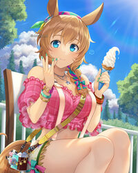  ! animal_ears bare_shoulders blue_eyes blue_sky braid braided_ponytail breasts brown_hair camera chair chikabo_m cleavage closed_mouth cloud collarbone commentary_request day ear_piercing female food food_on_face frilled_shirt frills green_nails hair_between_eyes hair_ornament hair_over_shoulder hairband hands_up holding holding_food holding_ice_cream horse_ears horse_girl horse_tail ice_cream jewelry large_breasts light_rays long_hair looking_at_viewer midriff necklace off-shoulder_shirt off_shoulder official_alternate_costume outdoors piercing pink_shirt railing shirt short_sleeves shorts sidelocks sitting sky solo spoken_exclamation_mark star_(symbol) star_necklace sunbeam sunlight suspender_shorts suspenders sweat taiki_shuttle_(bubblegum_memories)_(umamusume) taiki_shuttle_(umamusume) tail tree twitter_username umamusume watermark wristband 