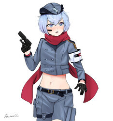  armband artist_name belt black_gloves blush buttons commission crop_top darkpulsegg double-breasted english_commentary feet_out_of_frame female girls&#039;_frontline gloves grey_shorts gun handgun hat holding holding_gun holding_weapon midriff military_hat mp-446_(girls&#039;_frontline) mp-446_viking navel nose_blush open_mouth purple_eyes purple_hair red_scarf scarf short_hair shorts simple_background solo standing teeth trigger_discipline weapon white_background 