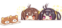  2girls ahoge ahoge_wag anchor_hair_ornament azur_lane bear black_hair blush brown_hair chibi commentary_request ekuramani expressive_hair hair_ornament hair_rings hairband multiple_girls ning_hai_(azur_lane) ping_hai_(azur_lane) purple_eyes red_eyes rilakkuma san-x short_eyebrows twintails 