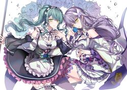  2girls apron bang_dream! black_bow black_ribbon black_vest blue_flower blue_rose bow commentary cosplay detached_sleeves earrings emilia_(re:zero) emilia_(re:zero)_(cosplay) floral_background flower flower_knot frilled_shirt_collar frilled_skirt frilled_sleeves frills green_bow green_eyes green_hair hair_flower hair_ornament hairband hand_on_own_shoulder hikawa_sayo holding holding_flower jewelry light_purple_hair long_hair long_sleeves low-tied_long_hair maid minato_yukina multiple_girls neck_ribbon nennen parted_lips pink_bow ponytail purple_bow purple_flower purple_hair ram_(re:zero) ram_(re:zero)_(cosplay) re:zero_kara_hajimeru_isekai_seikatsu ribbon ribbon-trimmed_legwear ribbon-trimmed_sleeves ribbon_trim rose roswaal_mansion_maid_uniform sidelocks skirt underbust vest waist_apron water_drop white_apron yellow_eyes 