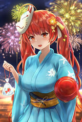  aerial_fireworks ahoge amano_kusatsu azur_lane bag bagged_fish bell blue_kimono blush breasts candy_apple female fireworks fish floral_print flower food fox_mask hair_bell hair_flower hair_ornament hair_ribbon highres holding holding_bag holding_food honolulu_(among_the_stalls)_(azur_lane) honolulu_(azur_lane) japanese_clothes kimono large_breasts long_hair looking_at_viewer mask mask_on_head official_alternate_costume open_mouth pov red_eyes red_hair ribbon sash solo twintails very_long_hair yellow_sash yukata 