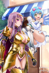  2girls angel_wings armor armored_boots ass asymmetrical_wings bikini_armor black_gloves blue_hair blunt_ends boots breastplate breasts cape center_opening chemise circlet claudette_(queen&#039;s_blade) claudette_(queen&#039;s_blade_unlimited) cleavage cleavage_cutout closed_mouth clothing_cutout curvy day elbow_gloves faulds feathered_wings floating g-string gem gloves gold_armor greaves green_eyes hair_bobbles hair_ornament halterneck highleg highleg_panties large_breasts long_hair looking_at_viewer multiple_girls nanael_(queen&#039;s_blade) nanael_(queen&#039;s_blade_unlimited) navel navel_cutout official_art oosaki_shin&#039;ya open_mouth outdoors outline panties pantyshot pauldrons polka_dot polka_dot_panties purple_eyes purple_hair purple_panties queen&#039;s_blade queen&#039;s_blade_unlimited queen&#039;s_blade_white_triangle red_cape short_hair shoulder_armor sidelocks standing straight_hair string_panties thighs thong underwear vambraces weapon white_gloves white_wings winged_footwear wings 