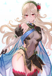  bare_shoulders black_dress black_gloves black_panties blush breasts commentary corrin_(female)_(fire_emblem) corrin_(female)_(resplendent)_(fire_emblem) corrin_(fire_emblem) covered_navel detached_sleeves dress fairy fairy_wings fake_wings female fire_emblem fire_emblem_fates fire_emblem_heroes flower gloves green_hairband grey_hair grey_sleeves grin hair_between_eyes hairband haru_(nakajou-28) highres long_hair looking_at_viewer medium_breasts official_alternate_costume panties pointy_ears red_eyes red_flower red_rose rose see-through smile solo thighhighs thorns underwear very_long_hair wavy_hair white_background wing_cape wings 