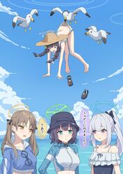  4girls absurdres bare_arms bare_legs barefoot bikini bikini_bottom_pull bird black_ribbon blue_archive blue_bow blue_eyes blue_headwear blue_one-piece_swimsuit blue_sky bow braid bucket_hat casual_one-piece_swimsuit cloud collarbone commentary crocs crying day doodle_sensei_(blue_archive) feet flying green_eyes hair_ribbon hairbow halo hat highres legs long_hair looking_at_another low_twin_braids miyako_(blue_archive) miyako_(swimsuit)_(blue_archive) miyu_(blue_archive) miyu_(swimsuit)_(blue_archive) moe_(blue_archive) moe_(swimsuit)_(blue_archive) multiple_girls ocean official_alternate_costume one-piece_swimsuit outdoors ponytail pulling_another&#039;s_clothes rabbit_platoon_(blue_archive) raglan_sleeves rash_guard ribbon saki_(blue_archive) saki_(swimsuit)_(blue_archive) sandals seagull sensei_(blue_archive) short_hair simoumi_217 sky speech_bubble sunlight swimsuit tears toes translated twin_braids twintails water white_ribbon yellow_eyes 