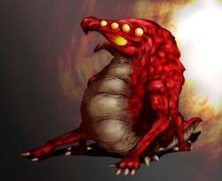  4_eyes 4_legs alien ambiguous_gender beak brown_background claws crocomire feral kous metroid multi_eye nintendo quadruped red_body red_scales scales scalie simple_background solo tan_body tan_scales yellow_eyes 