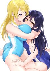  2girls alternate_breast_size ayase_eli between_breasts blonde_hair blue_eyes blue_hair blush breasts commentary_request competition_swimsuit face_between_breasts face_to_breasts head_between_breasts highres hug huge_breasts long_hair looking_at_another love_live! love_live!_school_idol_project multicolored_clothes multicolored_swimsuit multiple_girls nanatsu_no_umi one-piece_swimsuit ponytail simple_background smile sonoda_umi swept_bangs swimsuit white_background yuri 