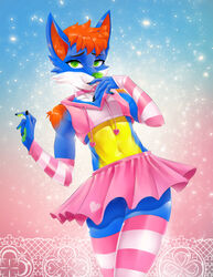  absurd_res anthro arm_warmers armwear black_nails blue_background blue_body blue_fur border bottomwear canid canine cherry choker clothing colored_nails crop_top digital_media_(artwork) femboy food footwear fox fruit fur gradient_background green_eyes hair heart_symbol hi_res jewelry legwear looking_at_viewer male mammal multicolored_body multicolored_fur nails necklace orange_body orange_fur orange_hair orange_inner_ear ornate_border pattern_clothing pattern_footwear pattern_legwear pattern_socks pattern_thigh_highs pattern_thigh_socks pink_background pink_clothing plant portrait shirt simple_background skirt smile socks solo sparkittyart striped_clothing striped_footwear striped_legwear striped_socks striped_thigh_highs striped_thigh_socks stripes thigh_highs thigh_socks three-quarter_portrait topwear yellow_body yellow_fur 