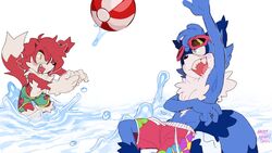  16:9 anthro ball beach_ball blue_body blue_fur blue_hair bottomwear canid canine canis clothing comet_the_dog dipstick_tail domestic_dog duo eyewear eyewear_on_head fan_character fangs fur hair happy hi_res inflatable male mammal markings miistniight open_mouth open_smile procyonid raccoon red_body red_fur red_hair ring_(marking) ringed_tail sega shorts smile sonic_the_hedgehog_(series) striped_markings striped_tail stripes sunglasses sunglasses_on_head swimming_trunks swimwear tail tail_markings teeth water widescreen 