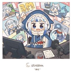  :3 :d among_us arm_up bloop_(gawr_gura) blue_eyes blue_hair blunt_bangs blush_stickers chibi clenched_hand commentary_request computer_keyboard controller creeper female game_controller gawr_gura gawr_gura_(1st_costume) grey_hair hololive hololive_english hood jar looking_at_viewer microphone minecraft monitor multicolored_hair open_mouth poster_(object) same_anko sharp_teeth shrimp smile solo streaked_hair teeth two-tone_hair v-shaped_eyebrows virtual_youtuber wide_sleeves 