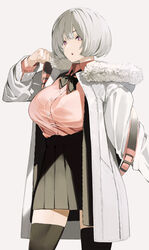  :o absurdres adjusting_strap backpack bag black_bow black_bowtie black_skirt black_thighhighs bob_cut bow bowtie breasts collared_shirt commentary cowboy_shot dress_shirt english_commentary female fur-trimmed_jacket fur_trim grey_hair hair_over_one_eye highres jacket large_breasts long_sleeves looking_away miniskirt off_shoulder open_clothes open_jacket original pleated_skirt purple_eyes red_shirt senmu_(senmudayo) shirt short_hair simple_background skirt solo strap_slip thighhighs white_background white_jacket zettai_ryouiki 