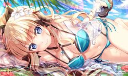  bikini blonde_hair flowers fujima_takuya long_hair navel princess_connect! sasaki_saren swimsuit waifu2x water 