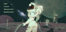  absurdres ass astronaut breasts contrapposto cowboy_shot english_text engrish_text female fj_wu_cheng&#039;en helmet highres medium_breasts original outdoors photoshop_(medium) ranguage reflection sky solo space space_helmet star_(sky) starry_sky 