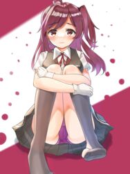  ahoge blush brown_eyes buttons closed_mouth collared_shirt female gloves grey_skirt grey_vest hagikaze_(kancolle) highres kantai_collection long_hair makiyuki neck_ribbon one_side_up panties pleated_skirt purple_hair purple_panties red_ribbon ribbon shirt short_sleeves signature skirt solo underwear vest white_gloves white_shirt 