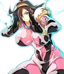  blue_eyes bodysuit breasts brown_hair covered_navel eyes_visible_through_hair female fighting_stance g_gundam gundam haganef hair_over_one_eye large_breasts looking_at_viewer mobile_trace_suit multicolored_bodysuit multicolored_clothes pink_bodysuit rain_mikamura shiny_clothes shiny_skin short_hair simple_background skin_tight solo standing white_background 