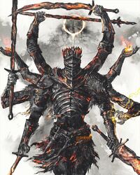  1other dark_souls_(series) embers extra_arms facing_viewer fire helmet highres holding holding_sword holding_weapon multiple_wielding scimitar shimhaq solo soul_of_cinder sword weapon 