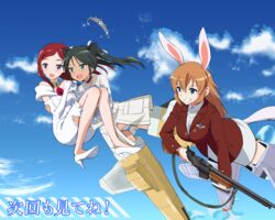  3girls animal_ears bare_shoulders black_neckwear blue_eyes blush breasts cat_ears cat_girl charlotte_e._yeager choker commentary_request dress elbow_gloves flying francesca_lucchini gloves green_eyes green_hair gun high_heels highres kaneko_(novram58) large_breasts long_hair maria_pier_di_romagna military military_uniform multiple_girls oerba_yun_fang open_mouth panties parted_lips rabbit_ears rabbit_girl red_hair rifle sky small_breasts smile strike_witches striker_unit striped_clothes striped_panties teeth tiara underwear uniform weapon white_dress white_gloves world_witches_series 