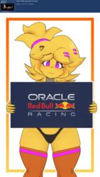  2022 3d_(artwork) 9:16 alpha_channel asking asking_another asking_what avian bear bird blonde_hair chica_(cally3d) chica_(fnaf) chicken clothing comment digital_media_(artwork) english_text eyebrows female five_nights_at_freddy&#039;s formula_1 formula_1_car freddy_(fnaf) fredina&#039;s_nightclub fredina_(cally3d) galliform gallus_(genus) hair hi_res holding_object holding_sign legwear logo looking_at_viewer mammal message name_drop name_in_message orange_clothing orange_legwear orange_stockings phasianid pink_hairband purple_eyes question red_bull scottgames sheeple3d sign smile smiling_at_viewer solo stockings text thong underwear user_avatar user_message username yellow_body 