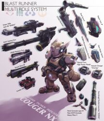  absurdres border_break chain_gun chibi clenched_hands commentary_request cougar_nx english_text fune_(fune93ojj) gun highres mecha no_humans rifle robot rocket_launcher science_fiction scope shotgun sniper_rifle solo sword weapon 