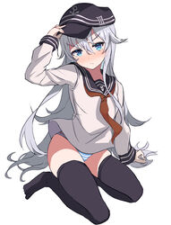  anchor_symbol bikini bikini_bottom_only black_hat black_sailor_collar black_thighhighs blue_eyes blush closed_mouth commentary female flat_cap hair_between_eyes hat hibiki_(kancolle) highres kantai_collection long_hair long_sleeves neckerchief no_pants o-sirius red_neckerchief sailor_collar school_uniform serafuku simple_background solo swimsuit thighhighs white_background white_hair 