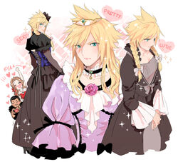  2boys aerith_gainsborough alternate_costume andrea_rhodea annoyed black_dress blonde_hair blush bow braid cloud_strife cloud_strife_(ball_gown) crossdressing dress female final_fantasy final_fantasy_vii final_fantasy_vii_remake frilled_dress frilled_sleeves frills hairbow heart heart_hands multiple_boys multiple_persona nair_(mindcreator) purple_dress sparkle spiked_hair tiara twin_braids 