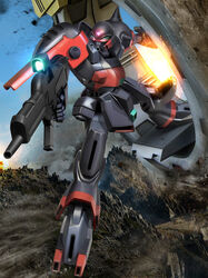  einerad glowing glowing_eyes gun gundam hiropon_(tasogare_no_puu) holding holding_gun holding_weapon looking_down mecha mobile_suit mountain no_humans photo_background red_eyes robot science_fiction victory_gundam weapon zanscare zollidia 